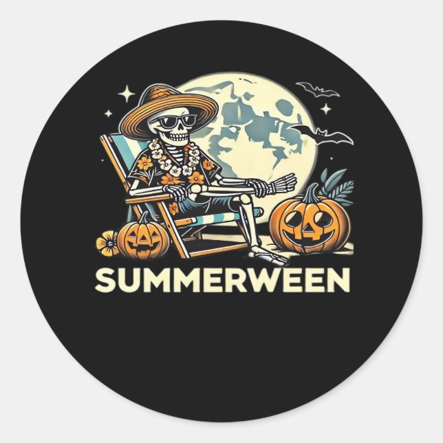 Happy Summerween Skeleton Drink Summer Halloween F Classic Round Sticker (Front)
