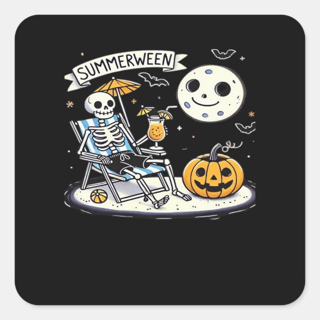 Happy Summerween Skeleton Drink Summer Halloween M Square Sticker (Front)