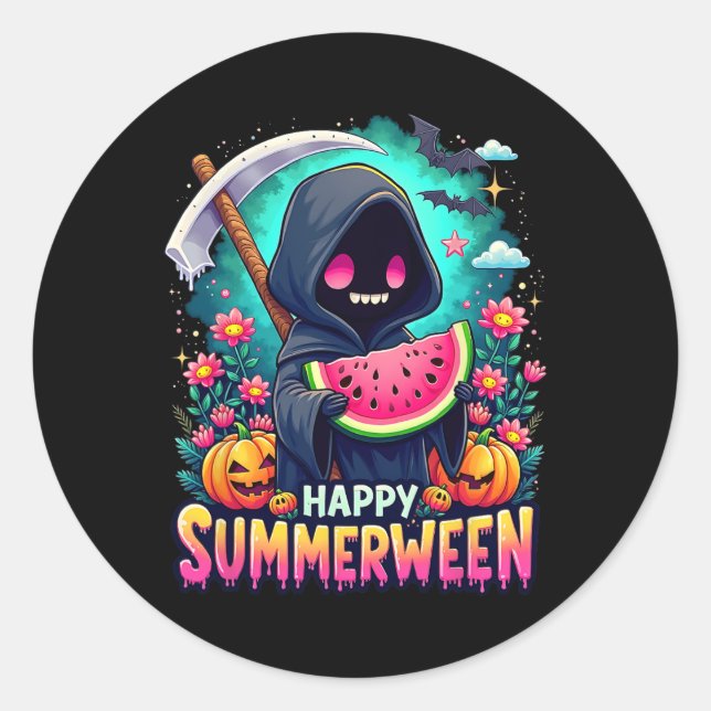 Happy Summerween Skeleton Jack-o-lantern Summer Wa Classic Round Sticker (Front)