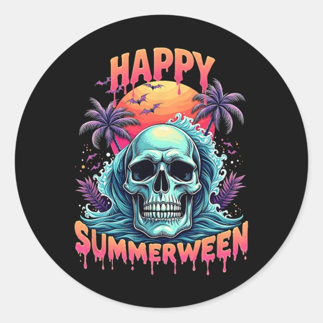 Happy Summerween Skeleton Summer Watermelon Jack-o Classic Round Sticker (Front)