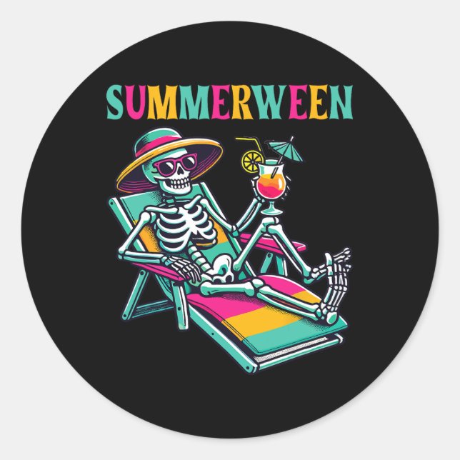 Happy Summerween Summer Halloween Skeleton  Classic Round Sticker (Front)