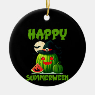 Happy Summerween Summer Watermelon Jack-O-Lantern Ceramic Ornament