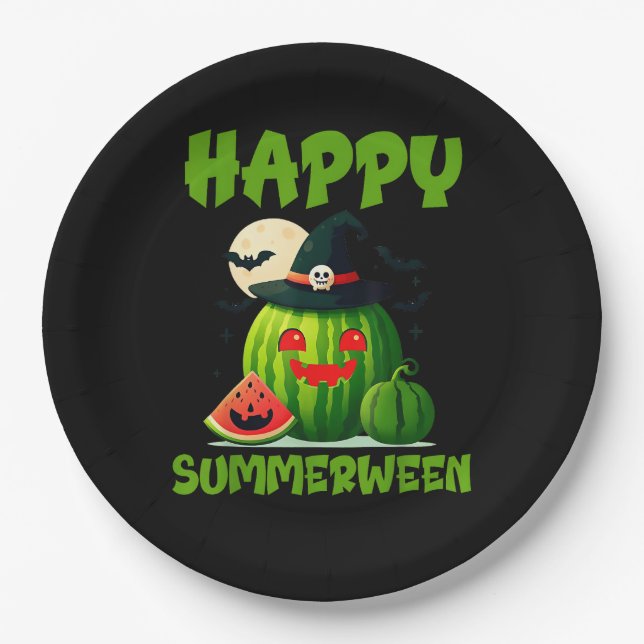 Happy Summerween Summer Watermelon Jack-O-Lantern  Paper Plate (Front)
