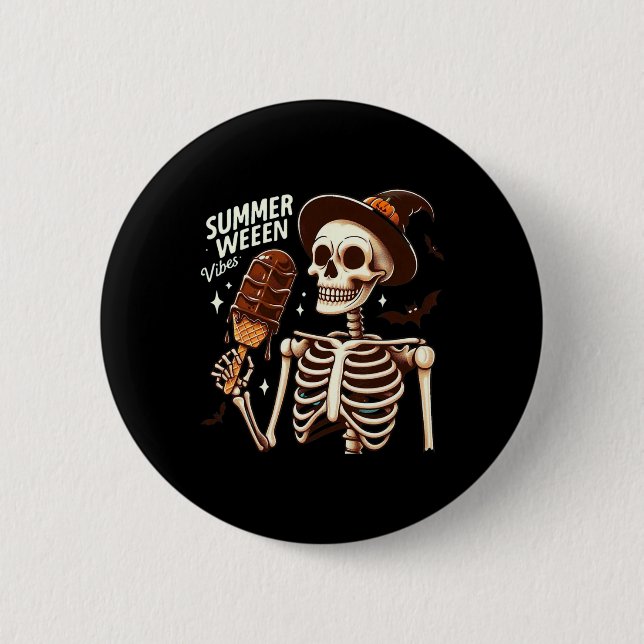 Happy Summerween Vibes Skeleton Ice Cream Summer H 2 Inch Round Button (Front)
