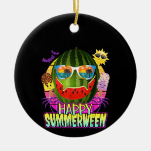 Happy Summerween Watermelon Jack O Lantern Summer  Ceramic Ornament