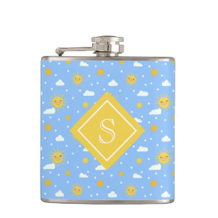 Happy Sun And Cloud Pattern Personalized Monogram Hip Flask