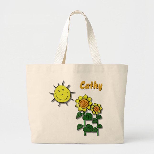 Happy Sun and Sunflowers Large Tote Bag (Front)
