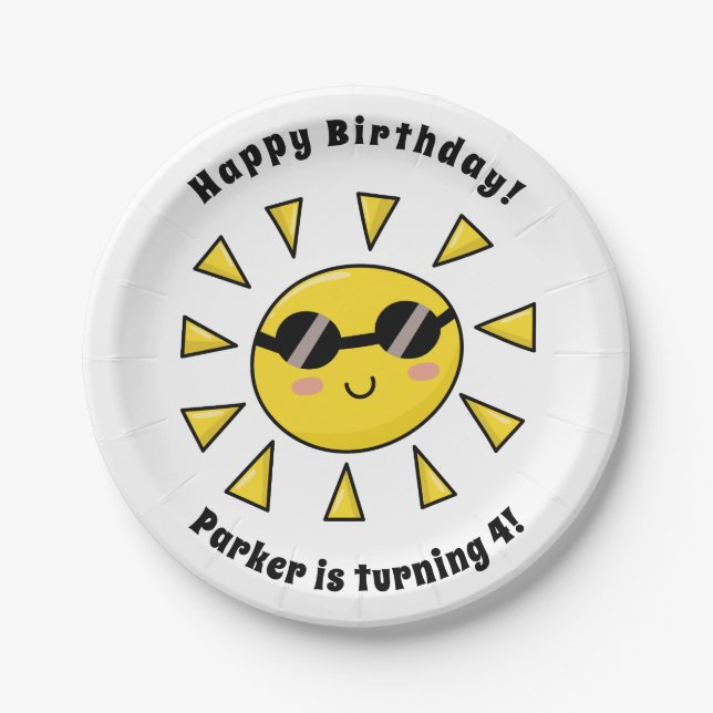 Happy Sun with Sunglasses Custom Birthday Party Paper Plate (Front)