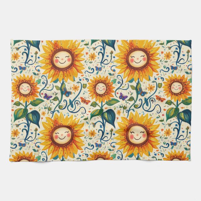 Happy Sunflowers: Cheery Sunflower Pattern Kitchen Towel (Horizontal)