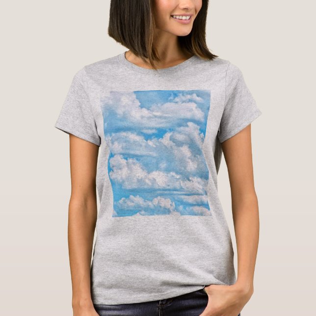Happy Sunny Clouds Light Blue Sky Background T-Shirt (Front)