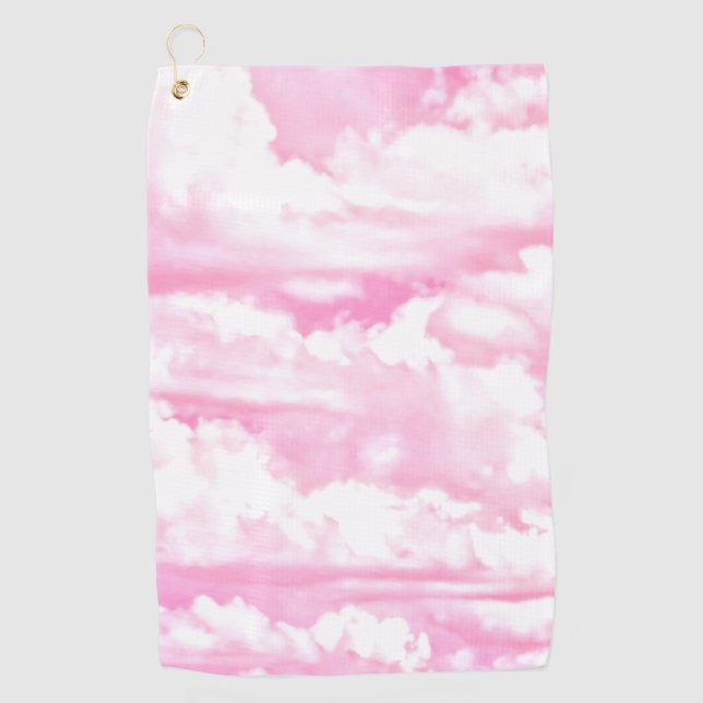 Happy Sunny Clouds Pink Fuchsia Background on a Golf Towel (Front)