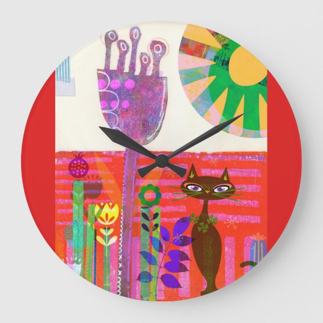 Happy Sunshine Cat Flower Garden Large Clock (Front)