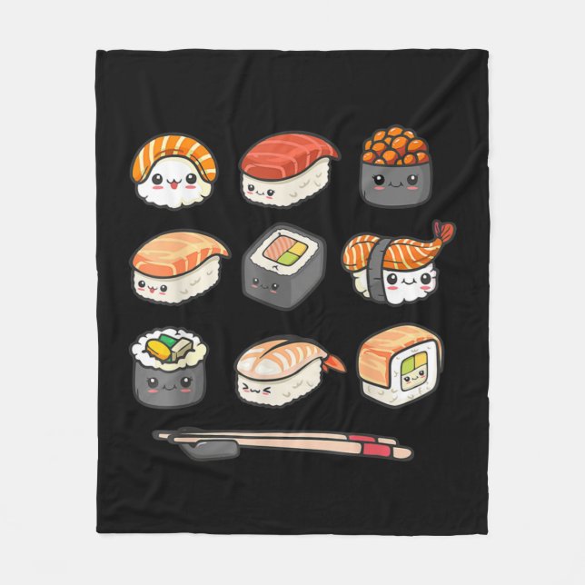 Happy Sushi Anime Kawaii Set Japanese Food Lover O Fleece Blanket (Front)
