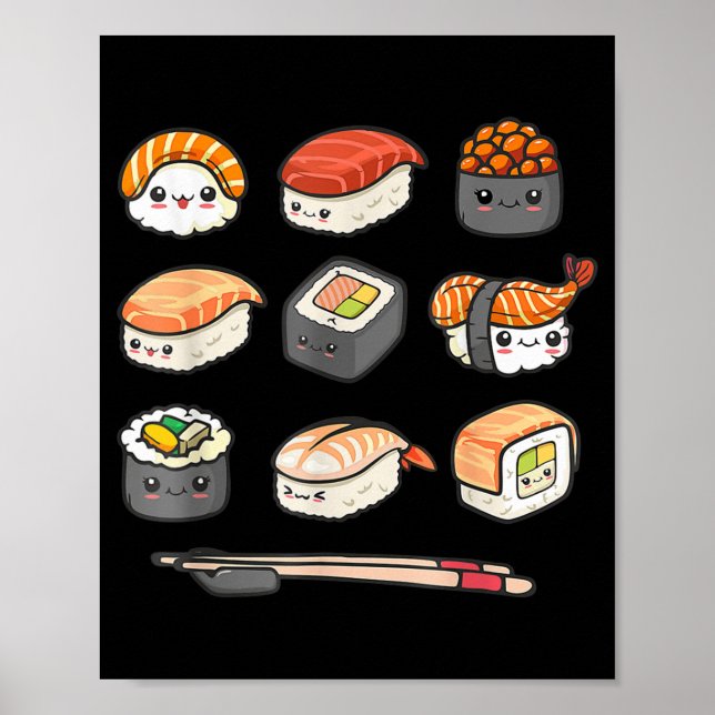 Happy Sushi Anime Kawaii Set Japanese Food Lover O Poster (Front)