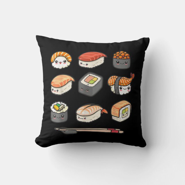 Happy Sushi Anime Kawaii Set Japanese Food Lover O Throw Pillow (Front)