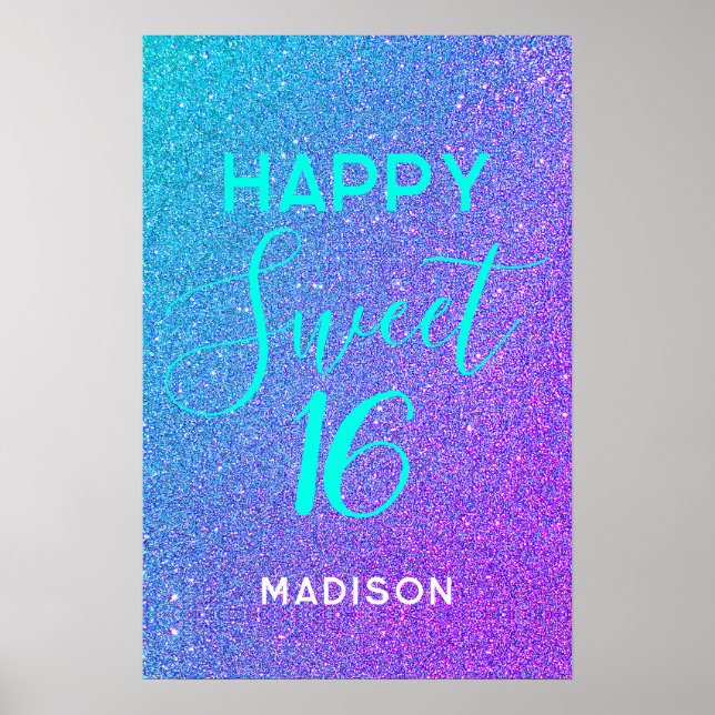 Happy Sweet 16 Birthday Teal Purple Personalized Poster (Front)