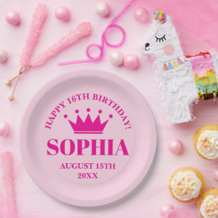 Happy Sweet 16th Birthday pink princess crown Paper Plate