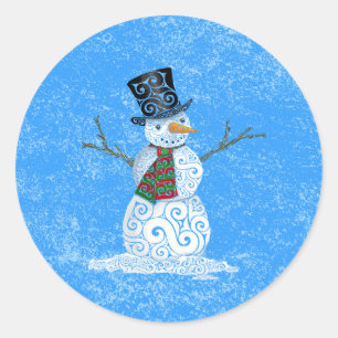 Happy Swirly Snowman Classic Round Sticker