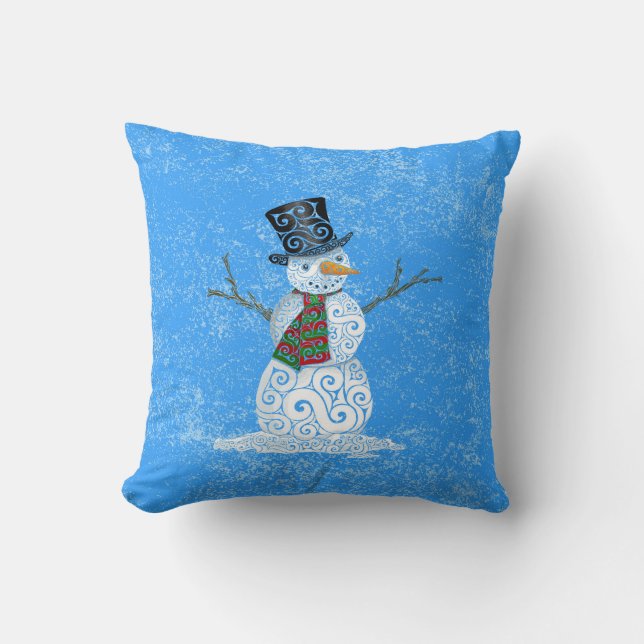 Happy Swirly Snowman Throw Pillow (Front)