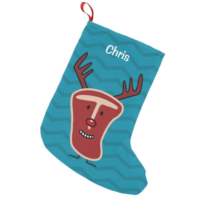 Happy T-Bone Steak Reindeer red nose Christmas Small Christmas Stocking (Front (Hanging))