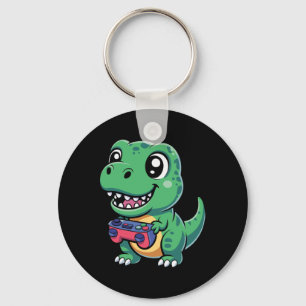 Happy T-rex With Game Controller Cute Gamer Dino T Keychain