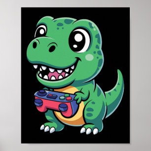 Happy T-rex With Game Controller Cute Gamer Dino T Poster
