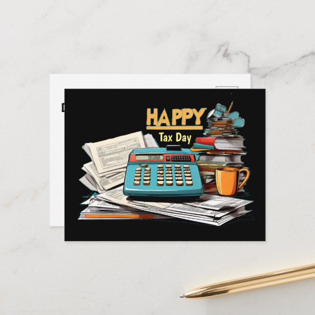 Happy tax day calculator with forms postcard (Front/Back In Situ)
