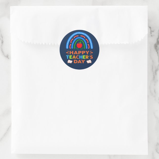 Happy Teachers Day Rainbow & Apple Classic Round Sticker (Bag)