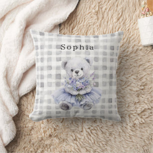 Happy Teddy Bear Purple Floral Throw Pillow