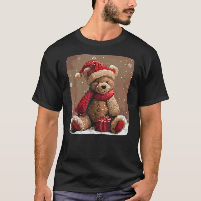 Happy Teddy Bear with Shawl and Christmas Hat Cost T-Shirt (Front)