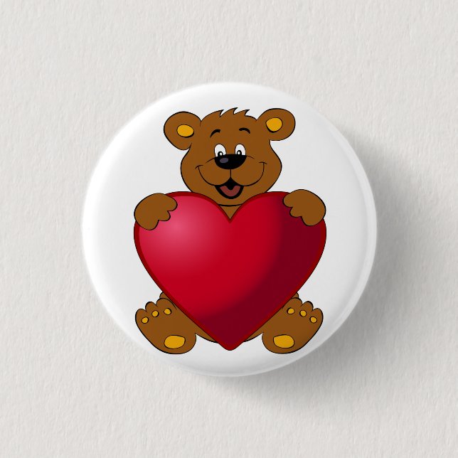 Happy teddybear with heart cartoon 1 inch round button (Front)