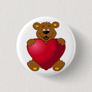 Happy teddybear with heart cartoon 1 inch round button