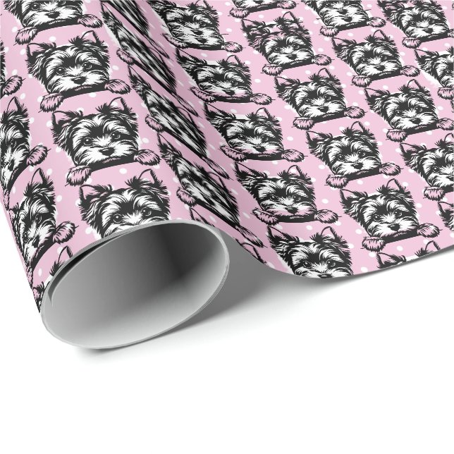 Happy Terrier Puppy Pink Dots Theme Wrapping Paper (Roll Corner)
