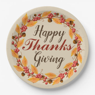 Happy Thanks Giving Fall Autumn Leaves Wreath Paper Plate