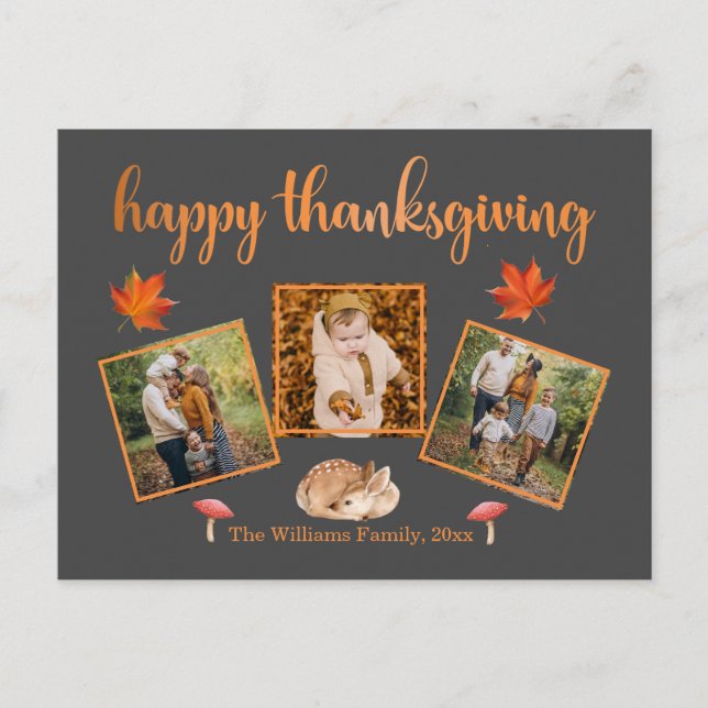 happy thanksgiving, 3 photos grey orange holiday postcard (Front)