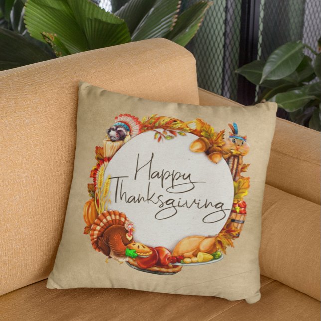 Happy Thanksgiving Animals Turkey Wreath Autumn Throw Pillow (Creator Uploaded)