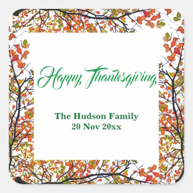Happy Thanksgiving Autumn Fall Foliage  Square Sticker (Front)