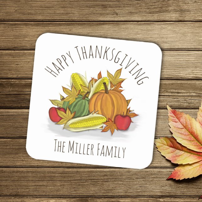 Happy Thanksgiving Autumn Harvest Custom Square Paper Coaster (Creator Uploaded)