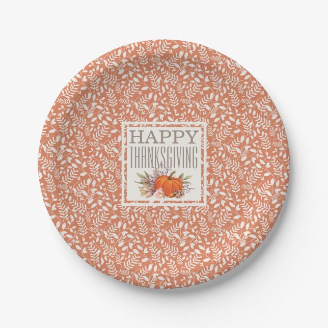 Happy Thanksgiving | Autumn Harvest Leaf Pattern Paper Plate (Front)