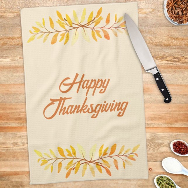 Happy Thanksgiving Autumn Leaf Border Custom Kitchen Towel (Creator Uploaded)
