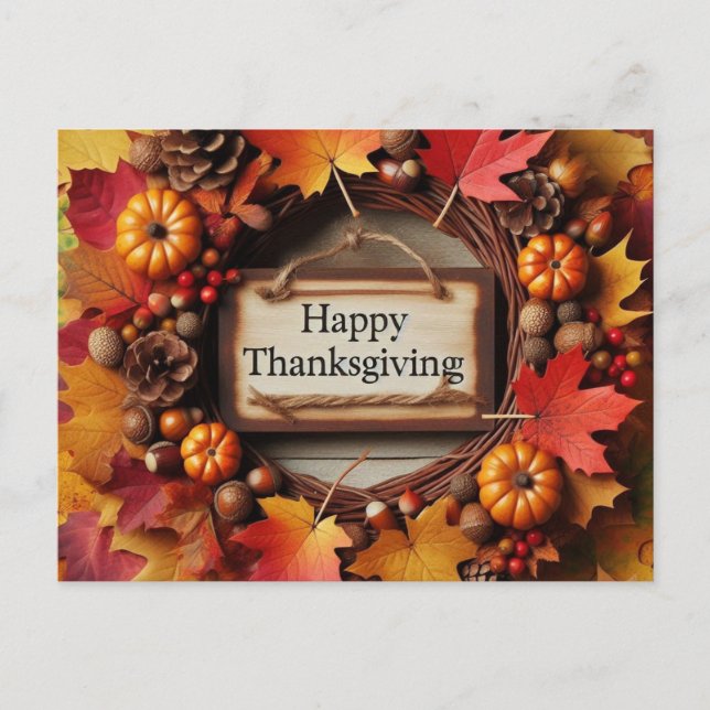 Happy Thanksgiving Autumn Leaf Wreath Holiday Postcard (Front)
