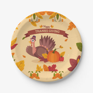 Happy Thanksgiving Autumn Leaves & Harvest Design Paper Plate