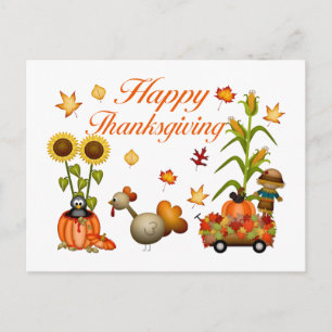 Happy Thanksgiving Autumn Leaves Pumpkin & Turkey Holiday Postcard