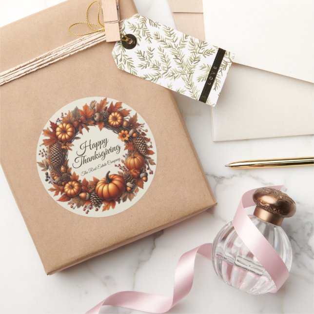 Happy Thanksgiving Autumn Leaves Wreath Company Classic Round Sticker (Gifting)