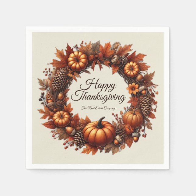 Happy Thanksgiving Autumn Leaves Wreath Company Napkin (Front)