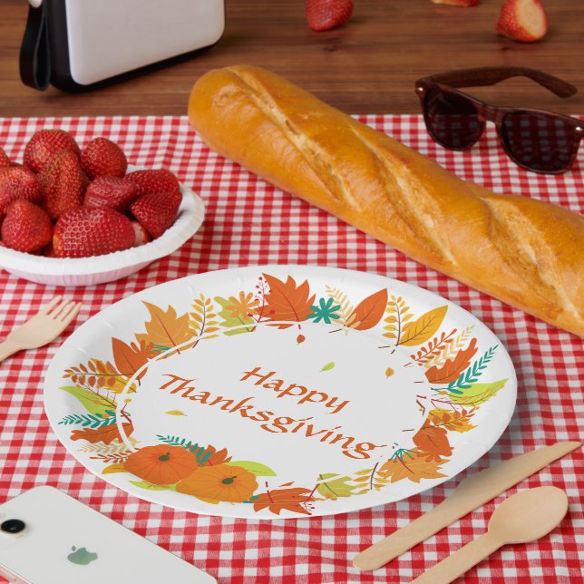 Happy Thanksgiving Autumn Leaves Wreath Paper Plate (Picnic)