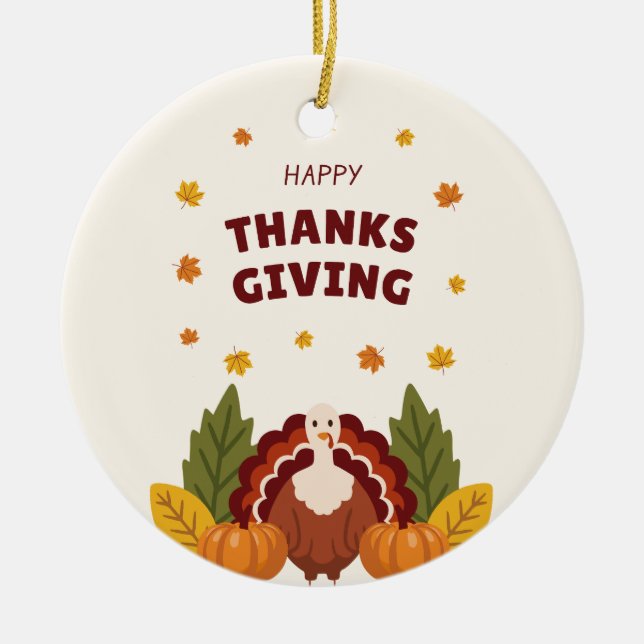 Happy Thanksgiving Autumn, Pumpkin & Turkey Ceramic Ornament (Front)