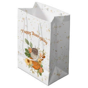 Happy Thanksgiving Autumn Pumpkins and Flowers Medium Gift Bag