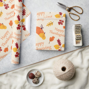 Happy Thanksgiving Autumn Pumpkins and Leaves Gift Wrapping Paper