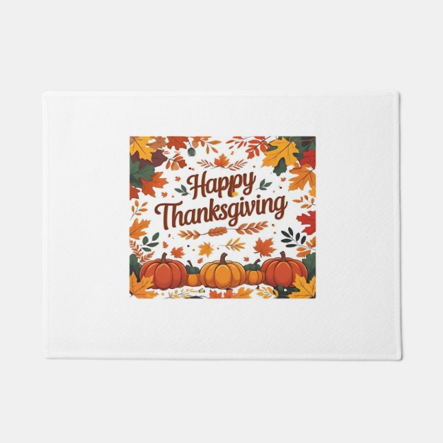 Happy Thanksgiving – Autumn Pumpkins & Fall Leaves Doormat (Front)